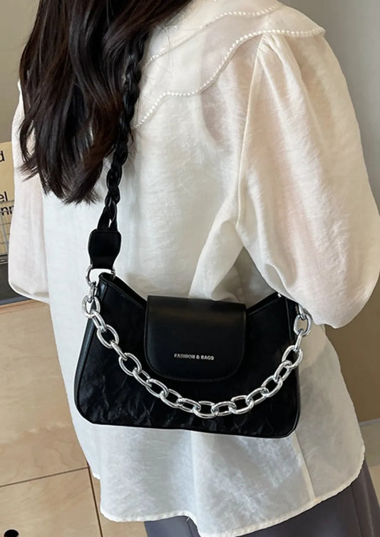 Braided Strap Shoulder Black Bag