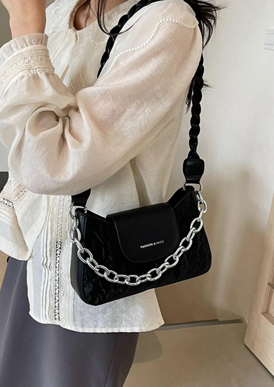 Braided Strap Shoulder Black Bag