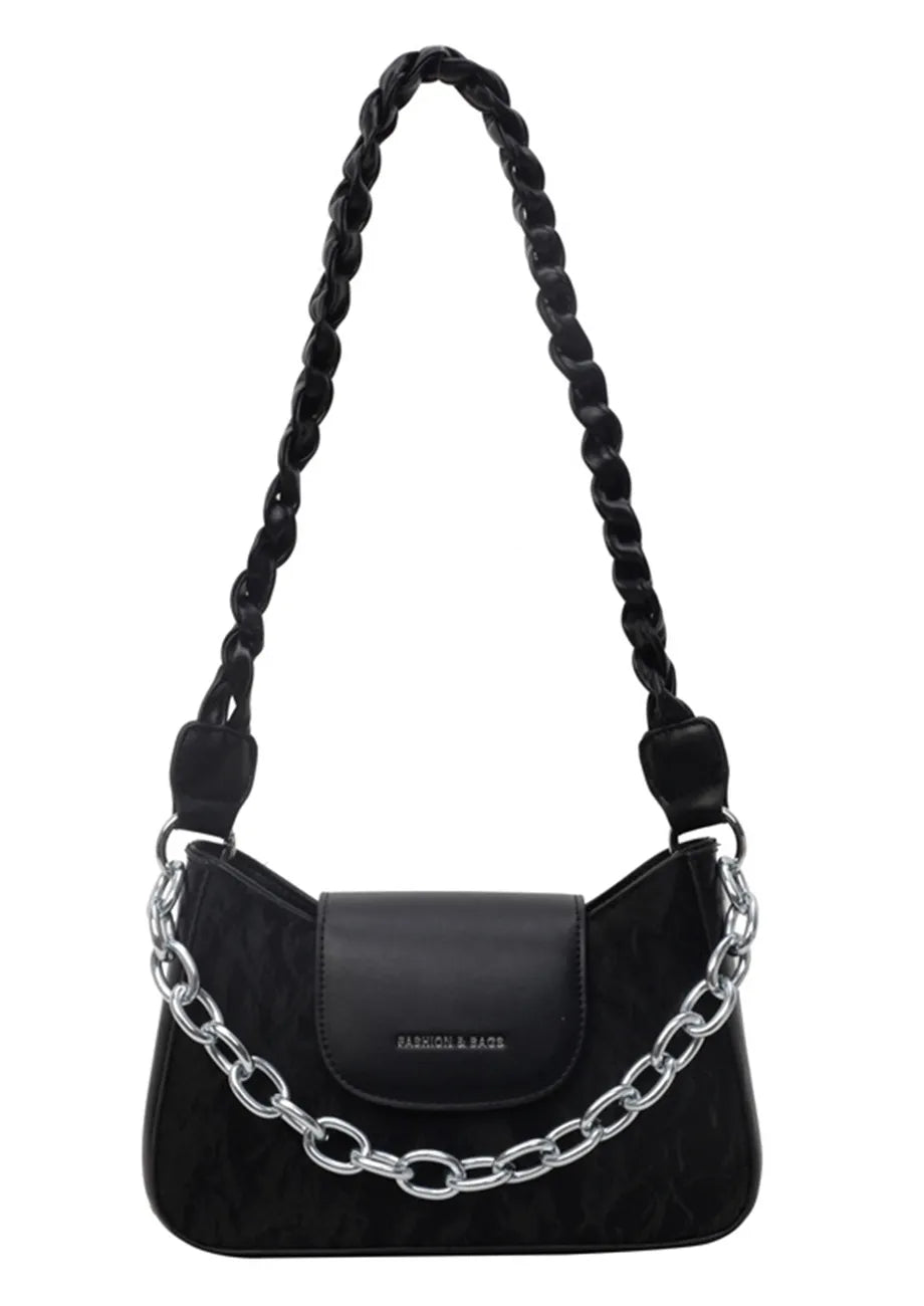 Braided Strap Shoulder Black Bag