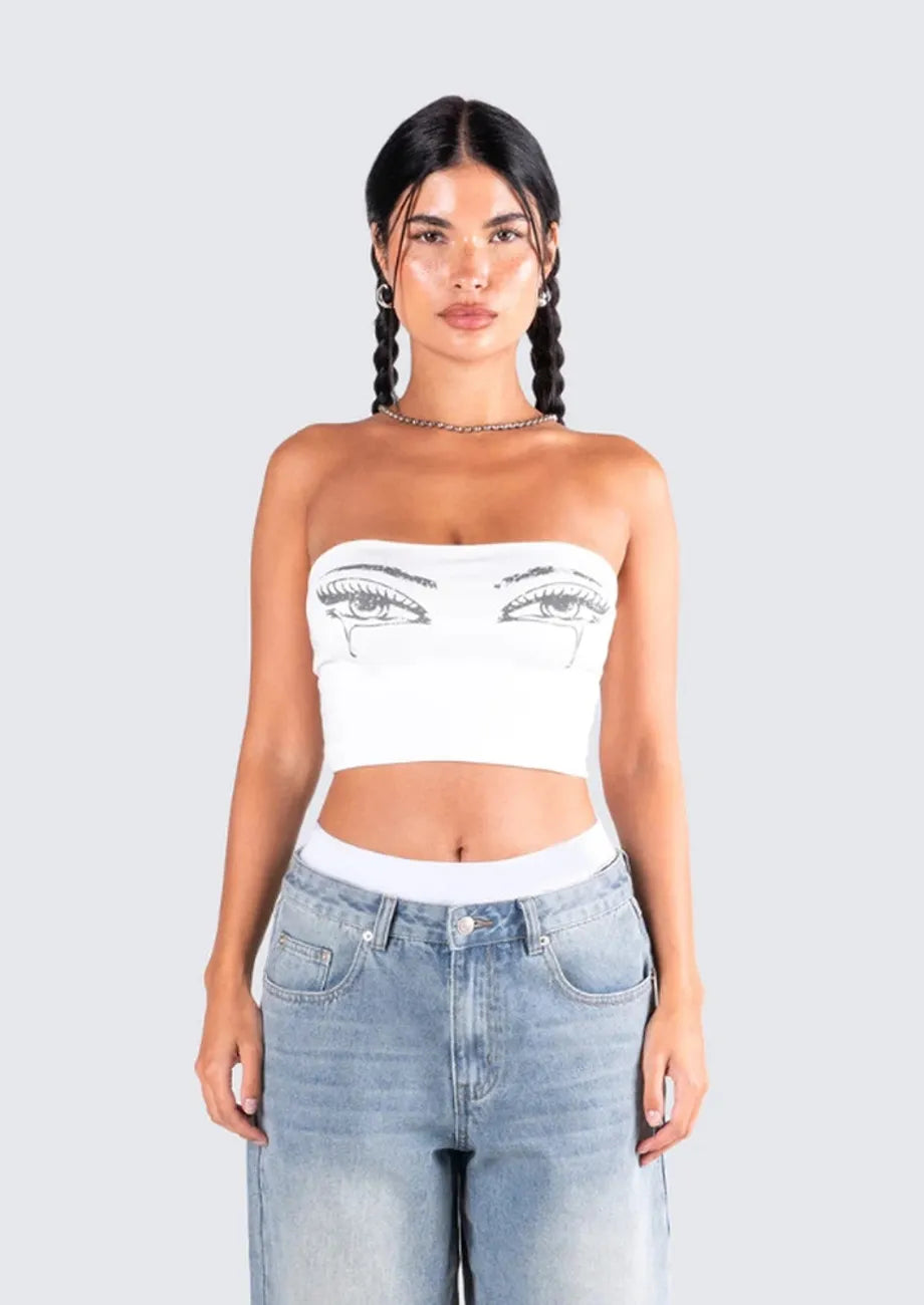 Graphic White Cropped Tube Top