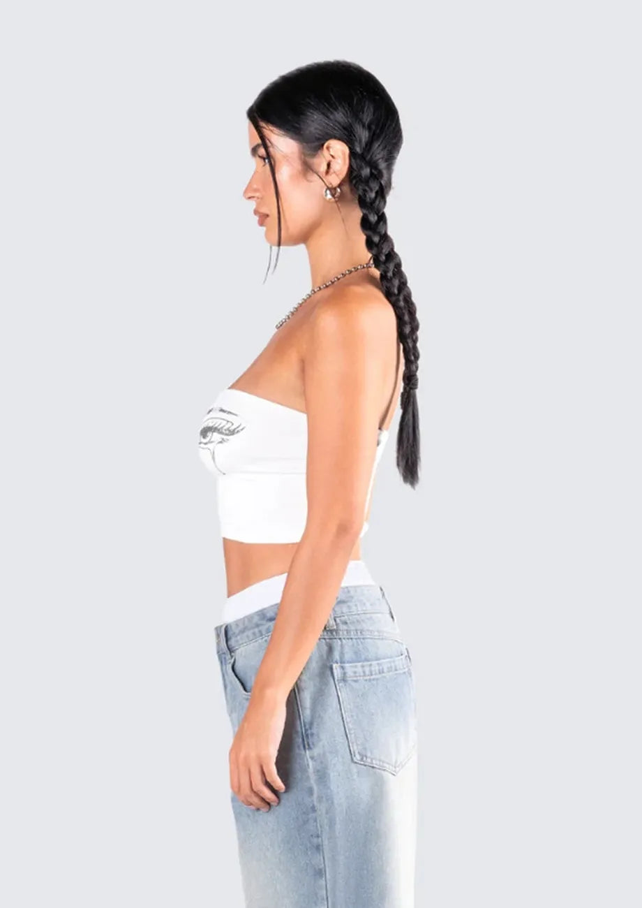 Graphic White Cropped Tube Top