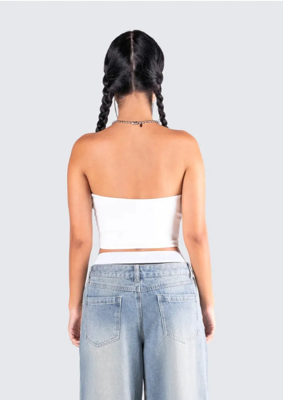 Graphic White Cropped Tube Top