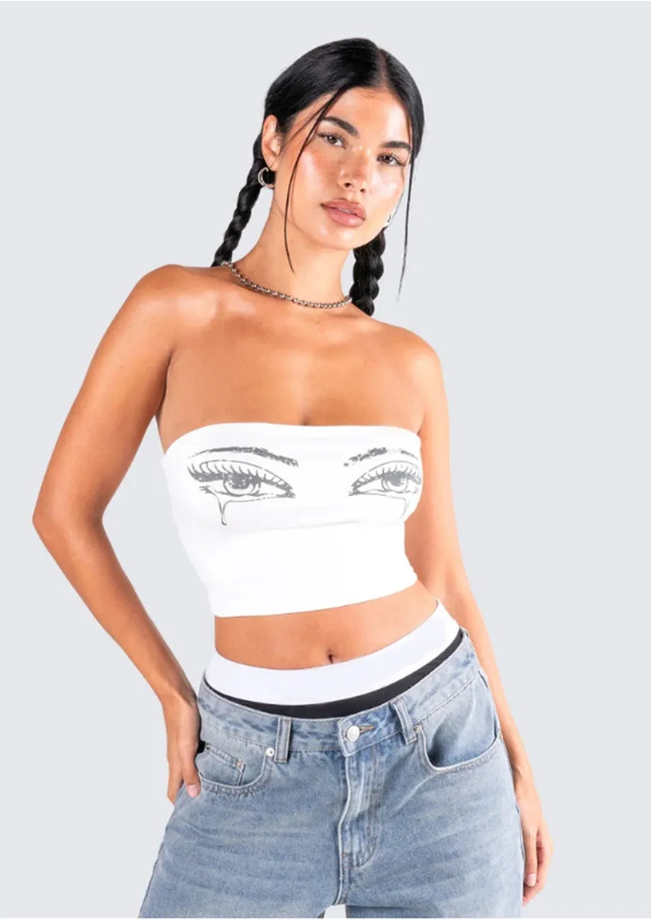 Graphic White Cropped Tube Top