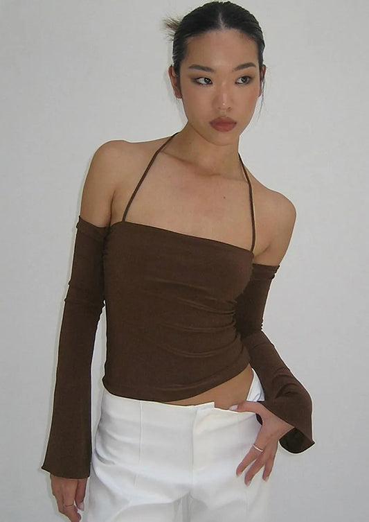 Halter Strap Brown Off-shoulder Top